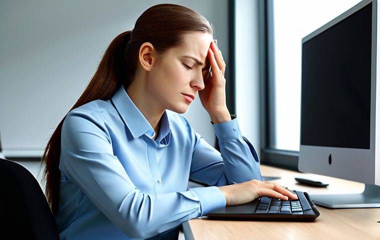 A professional woman, fully clothed in a modest business blouse and trousers, sitting at an ergonomic desk in a modern, well-lit office. She appears slightly fatigued, perhaps gently touching her temple or rubbing her eyes, reflecting digital eye strain and the effects of prolonged screen time. A laptop and an external monitor are visible on the desk, with a subtle glow from the screens, indicating long hours. The background shows a clean, contemporary office space with diffused natural light. The image emphasizes professional work challenges related to digital exhaustion. Safe for work, appropriate content, professional dress, perfect anatomy, correct proportions, natural pose, well-formed hands, proper finger count, natural body proportions, high quality, soft studio lighting.