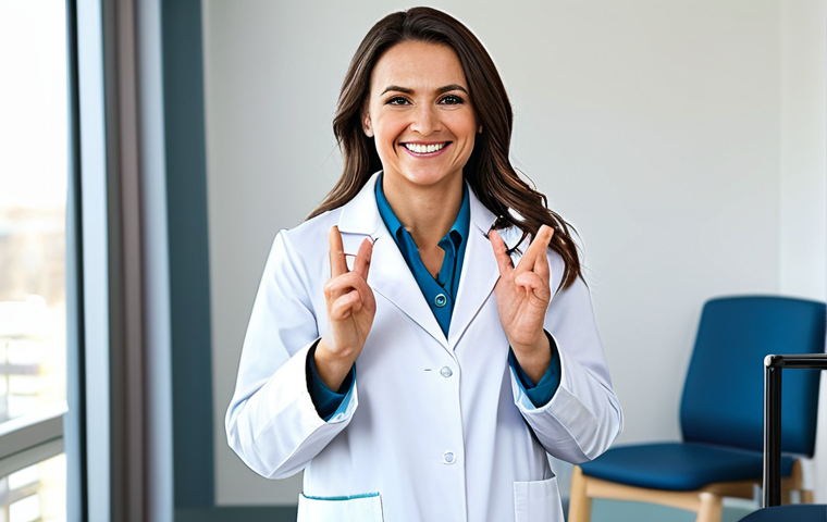 **

A professional female doctor in a fully clothed, modest white coat, smiling warmly in a bright, modern hospital office. Appropriate attire, safe for work, perfect anatomy, correct proportions, well-formed hands, proper finger count, natural pose, professional medical photography, high quality.

**