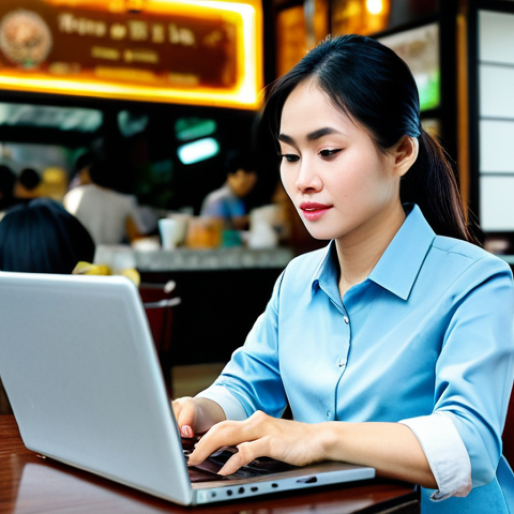 **

"A professional Vietnamese woman in a modern áo dài, working on a laptop in a bustling Hanoi coffee shop, fully clothed, appropriate attire, safe for work, perfect anatomy, natural proportions, professional photography, high quality."

**