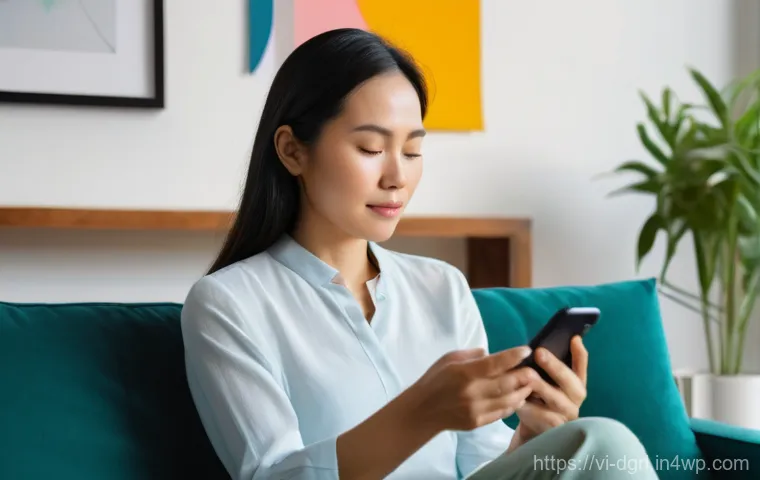 디지털 페인 관리의 성과 평가 방법 - **Prompt:** A serene Vietnamese woman, mid-30s, with a gentle, focused expression, is comfortably se...