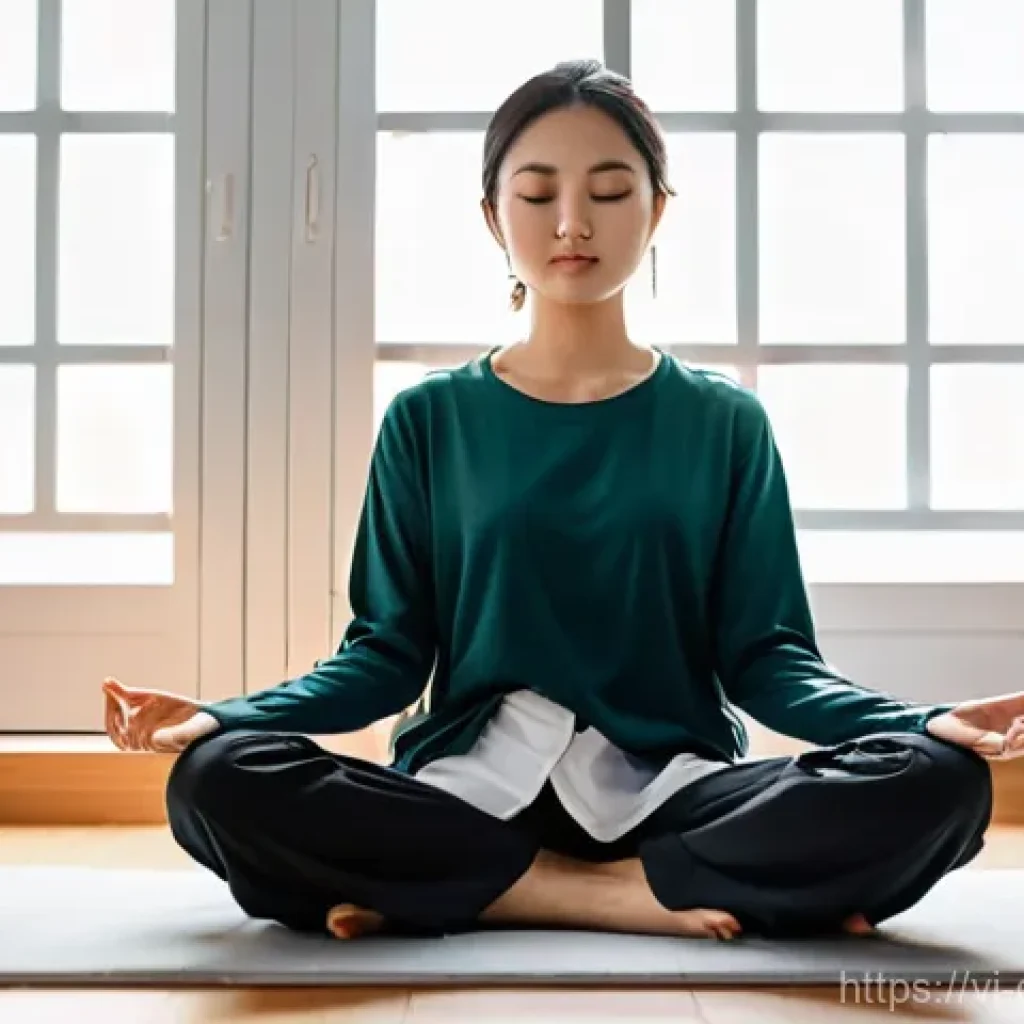디지털 페인 관리의 모범 사례 - **Prompt:** A young Vietnamese woman, in her late 20s, sits serenely on a minimalistic meditation cu...