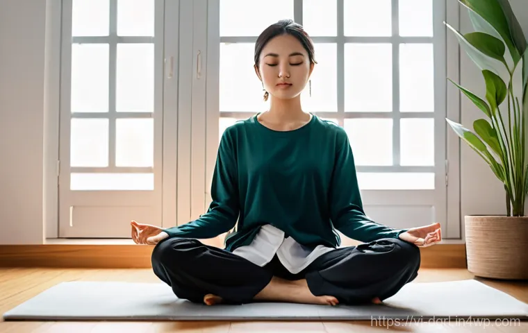 디지털 페인 관리의 모범 사례 - **Prompt:** A young Vietnamese woman, in her late 20s, sits serenely on a minimalistic meditation cu...