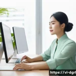 디지털 페인 관리의 필요성에 대한 연구 결과 - A modern Vietnamese office scene showing a young professional woman sitting at a sleek desk with an ...