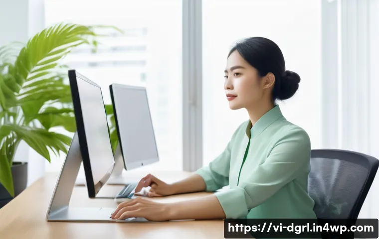 디지털 페인 관리의 필요성에 대한 연구 결과 - A modern Vietnamese office scene showing a young professional woman sitting at a sleek desk with an ...