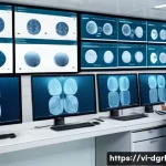 디지털 페인 관리의 특정 산업 적용 - A modern Vietnamese hospital digital control room showing multiple large screens displaying electron...