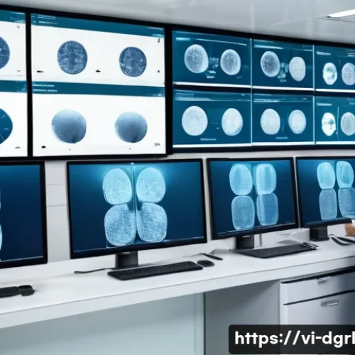 디지털 페인 관리의 특정 산업 적용 - A modern Vietnamese hospital digital control room showing multiple large screens displaying electron...