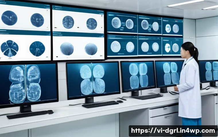 디지털 페인 관리의 특정 산업 적용 - A modern Vietnamese hospital digital control room showing multiple large screens displaying electron...