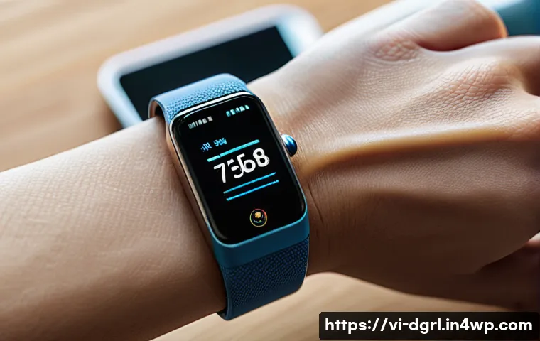 디지털 페인 관리의 기술적 발전 - A close-up of a Vietnamese adult wearing a sleek smart wristband with integrated bio-sensors, monito...