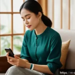 디지털 페인 관리와 원격 치료 - A modern Vietnamese woman wearing a smart wearable pain relief device on her wrist, sitting comforta...