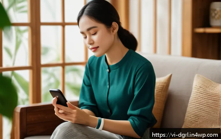 디지털 페인 관리와 원격 치료 - A modern Vietnamese woman wearing a smart wearable pain relief device on her wrist, sitting comforta...
