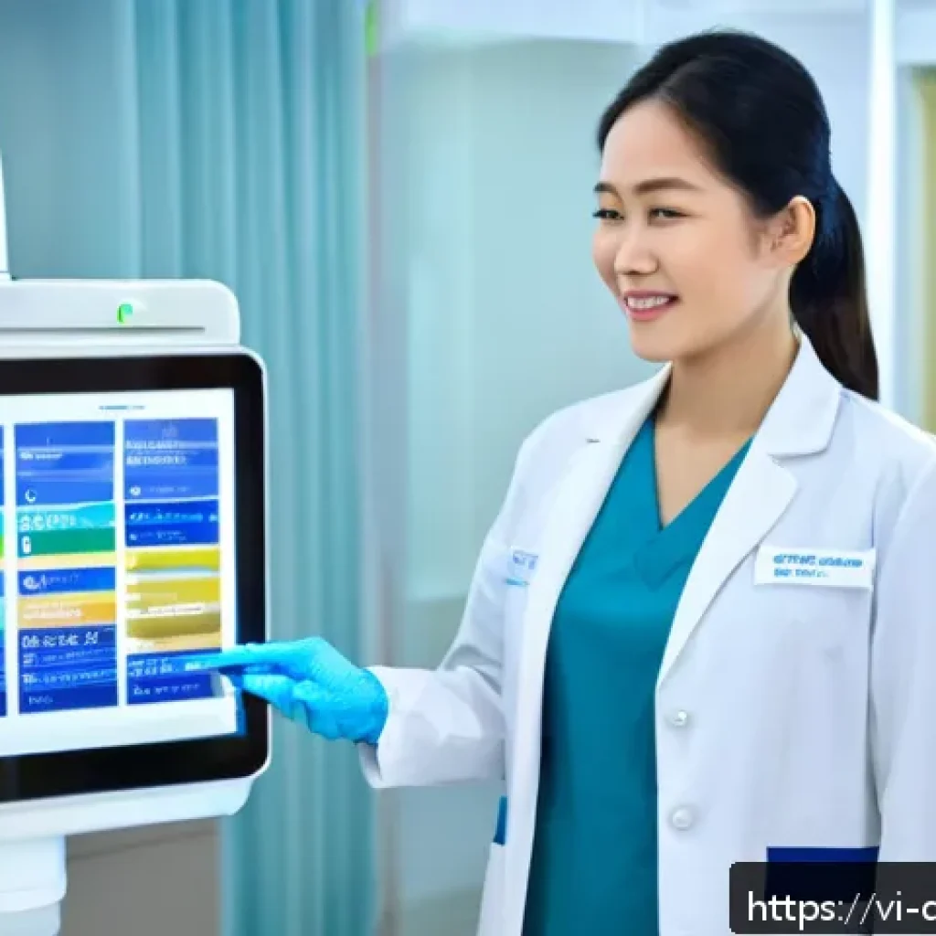 디지털 페인 관리의 정책 및 규제 현황 - A modern Vietnamese healthcare professional in a clean, bright clinic environment demonstrating the ...